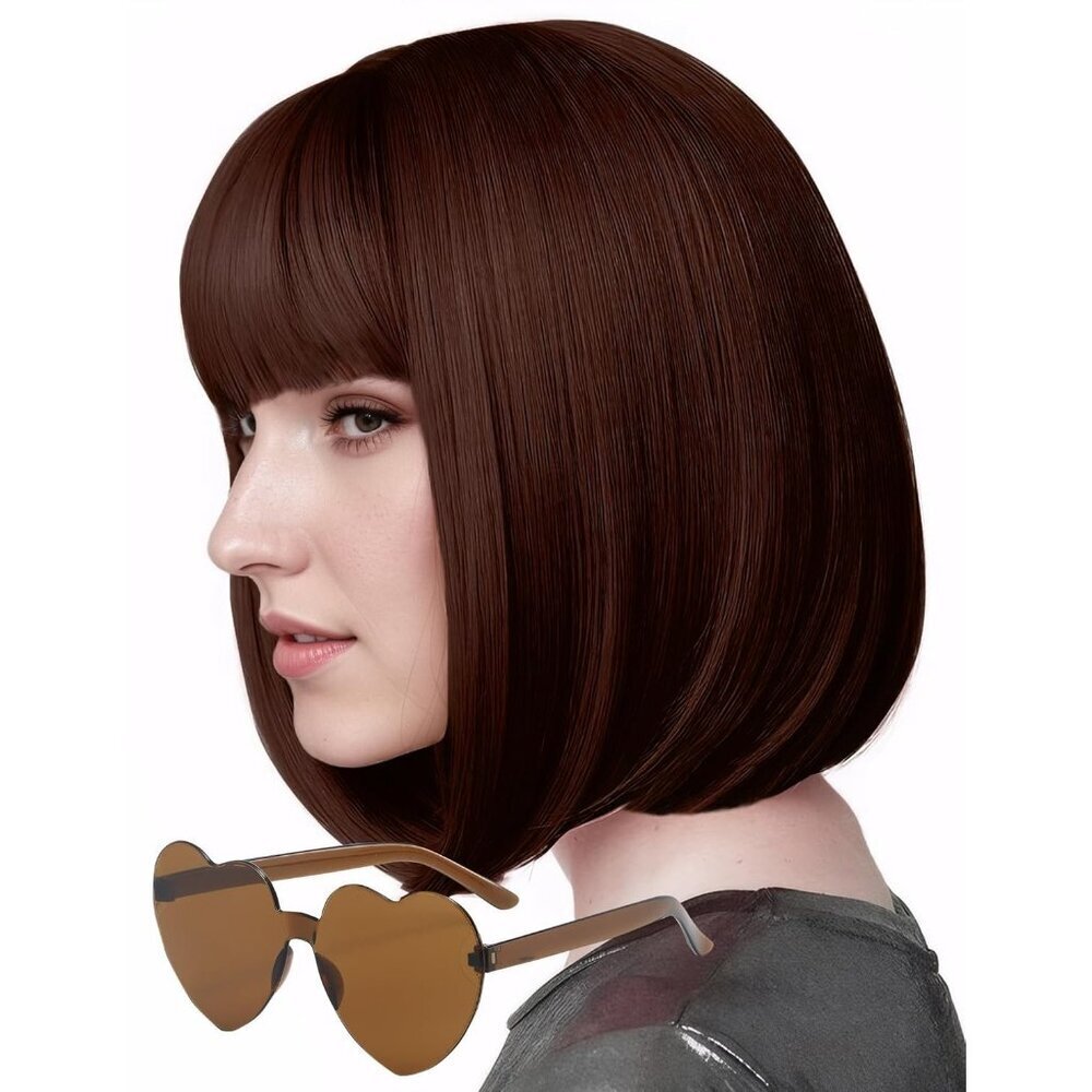 Women's Reddish Brown 12 Inch Costume Cosplay Party Short Bob Wigs And Sunglass